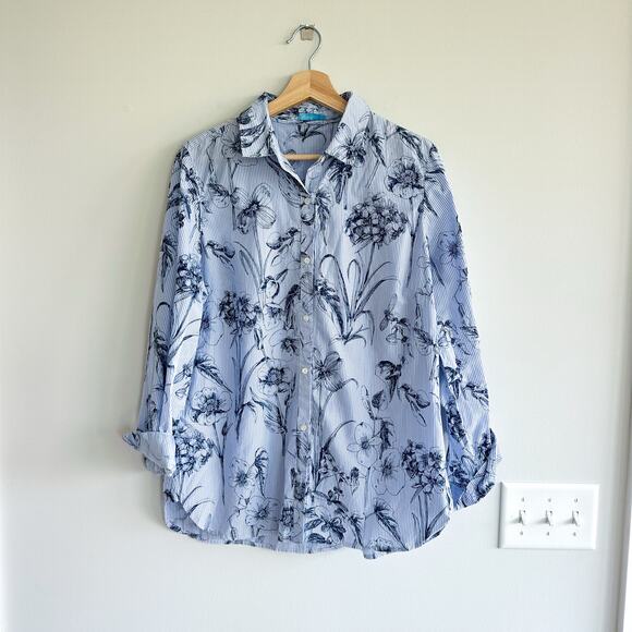 J. Mclaughlin Lois Floral Striped Button Down Shirt Blue L - Picture 1 of 7